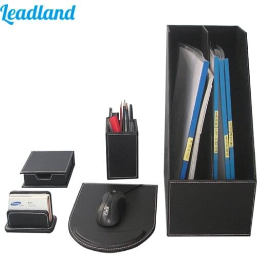 5 Pcs Office Desktop Organizer Set Wooden Structure PU Leather Cover Magazine Rack Marker Card Holder Mouse Pad Pen Holder T93H