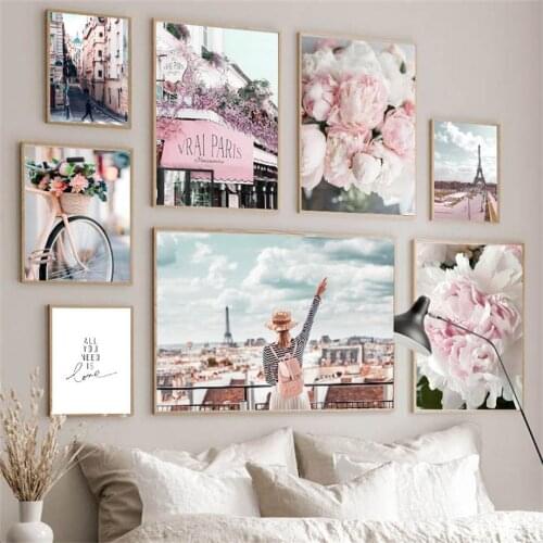 Peony Cherry Blossoms Paris Tower Street Wall Art Canvas Painting Nordic Posters And Prints Wall Pictures For Living Room Decor
