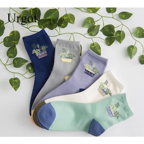 Urgot 5 Pairs Womens Middle Tube Socks Cute Pattern High Quality Cotton Comfort Soft Socks Women Ladies Female Meias Calcetines