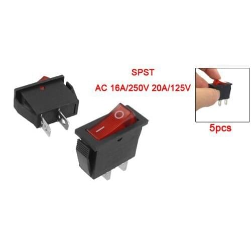 New 5 Pcs 2 Pin SPST Red Neon Light On/Off Rocker Switch AC 16A/250V 20A/125V