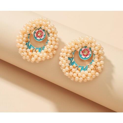 New Ins Ethnic Bohemian Pearl Statement Earrings Big Flower Bridal Wedding Drop Dangle Earring pendientes Party Jewelry Gift