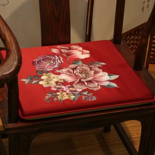Floral Embroidery Seat Cushion High Qualtity Chinese Style Chair Cushion Peony Flowers Non-slip Pad with Foam Home Hotel Decor