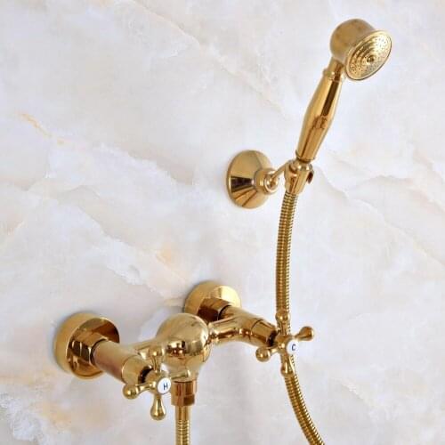 Luxury Polished Gold Color Brass Wall Mounted Bathtub Faucet with Handheld Shower Set +1500MM Hose Mixer Tap 2na968