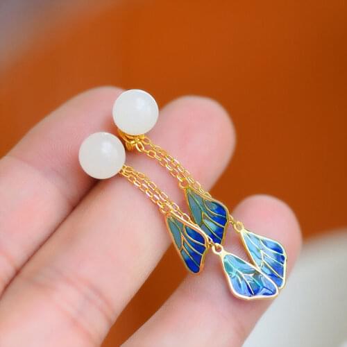 S925 Sterling Silver Butterfly Wings Stud Earrings Natural Hetian Jade Ball Stud Earrings Anti-Allergy Exquisite Retro Ornament