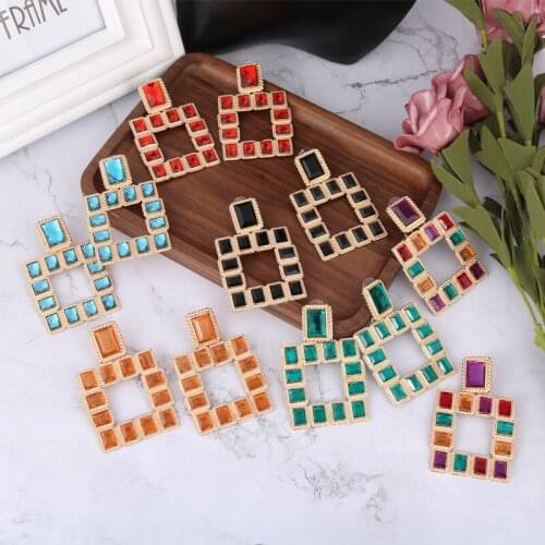 LEADERBEADS Trendy Multicolor Crystal Square Stud Earrings Vintage Geometric Alloy Chandelier Earring Women ZA Statement Jewelry