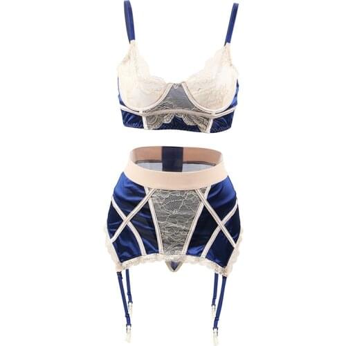 Woman Sexy Set Erotic Bra+G string+Garter+Steel Ring+Bra Pad Open Butt Lace Women Lingerie Set Porno Wear Clothes R80186