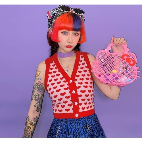 Slim Sweet Summer Womens Vest Japanese Kawaii Love Print V-neck Knit Top Red Fashion Streetwear Clothes