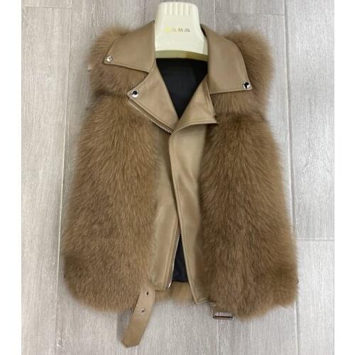 2020 Winter Stylish Fox Fur Vest Ladies Locomotive Coat Womens Short Slim Sleeveless Jacket