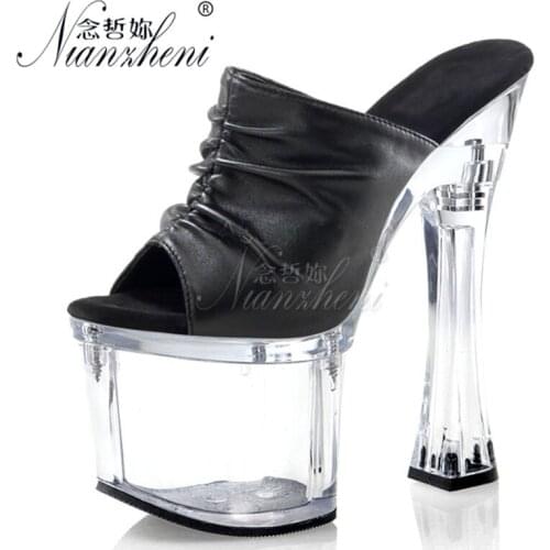 18cm Super High heeled shoes Fashion Pleated Open Toe Spool heels 7 inches Party Sexy Fetish Slippers Nightclub Queen Small Size