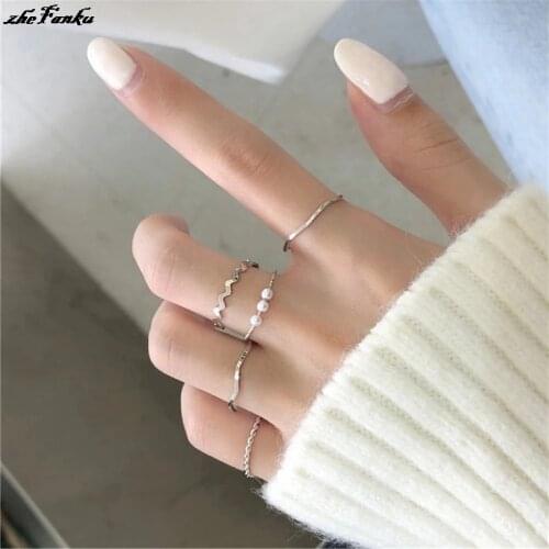5 Pcs/Set Simple Fashion Wave Pattern Ring Set for Women Trend Personality Pearl Zirocn Metal Multilayer Ring Jewelry Girl Gift