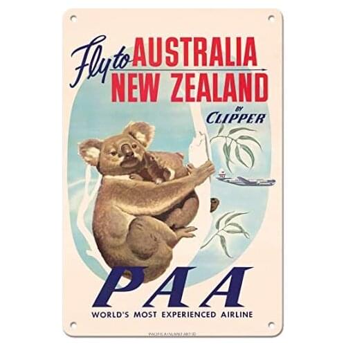 Australia, New Zealand - Pan American Airways (PAA) - Fly to Australia, New Zealand Metal Tin Sign