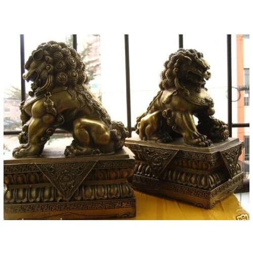 Large A Pair Bronze Chinese Lion Foo Dog Statue Figure Sculpture Height 30 CM 12 inch