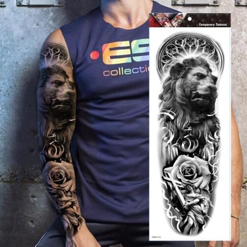 Large Arm Sleeve Tattoo Lion King Black Rose Waterproof Temporary Tatoo Sticker Wild Angel Cross Men Full Skull Totem Tatto