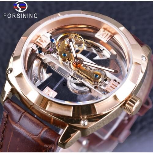 Forsining Rose Golden Brown Genuine Leather Belt Open Work Waterproof Automatic Watches Top Brand Luxury Transparent Double Side