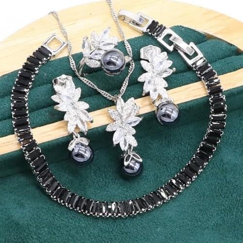 Black Pearl 925 Sterling Silver Jewelry set for Women Pearl Earrings Necklace pendant Ring Zircon Bracelet Birthday Gift