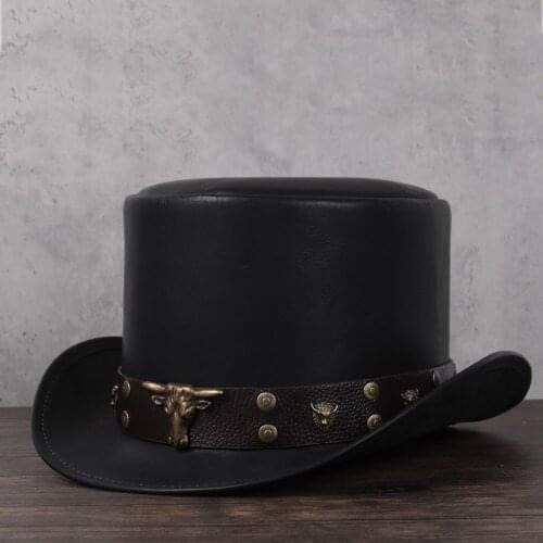 Women Men Leather Top Hat Flat Punk Belt Fedoras Hat Magic Steampunk Cosplay Party Cap 3Size 13CM Top