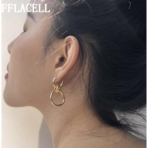 FFLACELL New Retro Simple Irregular Double Metal Large Circle Geometric Round Big Hoop Earring for Women Girl Minimalism Jewelry