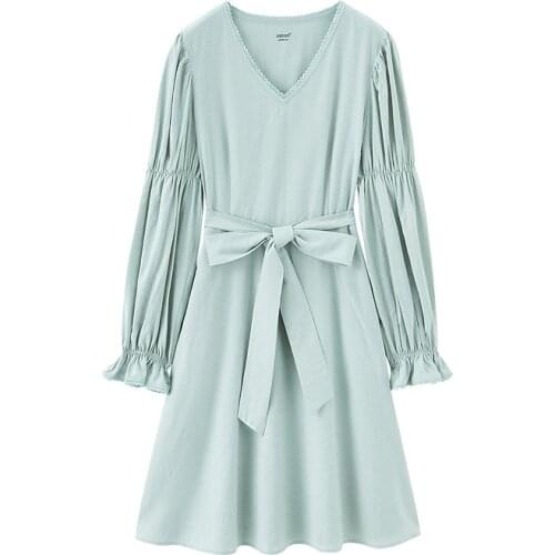 INMAN Spring Womens Dress Elegant Ladies Style Jacquard Lace V-neck Long Puff Sleeves Elastic Flare Cuffs Female Clothing