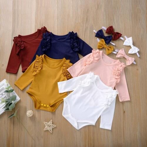 0-18Months Newborn Baby Girls Romper Solid Color Round Neck Long Sleeve Jumpsuit with Headband Sets Baby Clothing