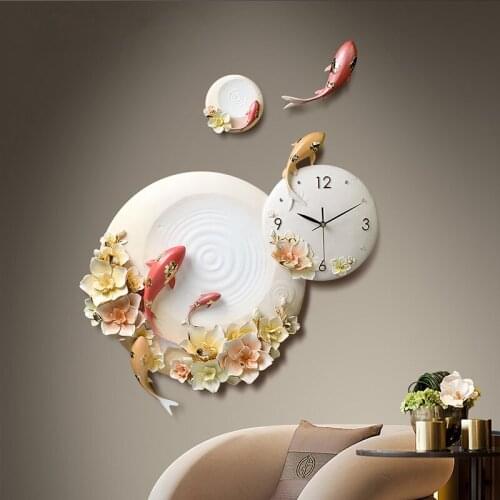 Personality Embossed Wall Clocks Home Livingroom 3D Wall Fish Flowers Mural Resin Clock Wedding Decoration Crafts Art
