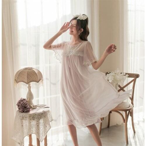 Sweet Princess Summer Flare Sleeve Modal Lace Nightdress Embroidery Round Neck Vintage Long Style Gauze Sleeping Dress For Women