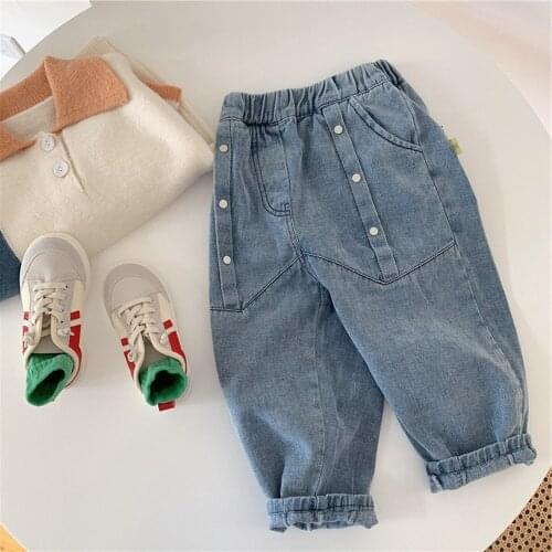 Fashion 2021 Spring Autumn Girls Boys Kids Casual Jeans Pants Children Baby Vintage Denim ;oose Long Pant Trousers S12285