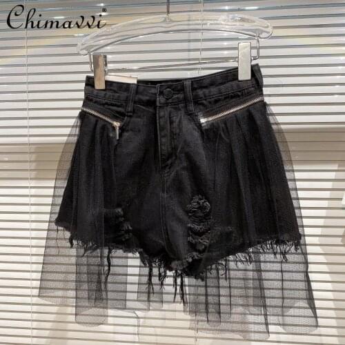 Fashion Mesh Outer Lining Removable Denim Shorts High Waist Slimming Temperament Jean Shorts 2021 Summer Streetwear Hot Pants