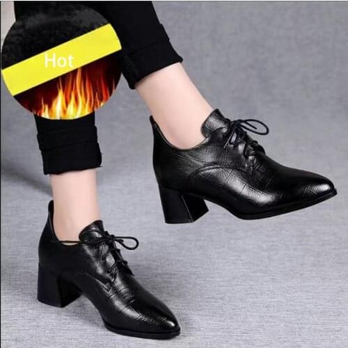 Zanpace New 2020 Winter Women Boots Thick Heel Flat Shoes Anti-slip Women Ankle Boots Autumn Fashion Leather Boots Size 35-40