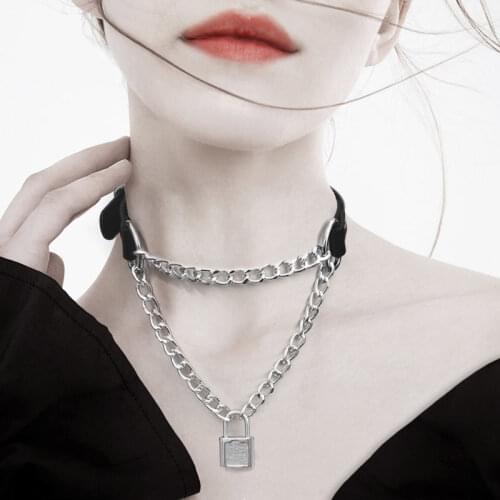 Gothic Punk Pu Leather Choker Necklace Collar Goth Pendant Women Cool Handmade Harajuku Lock Chain Necklace Cosplay Jewelry X625