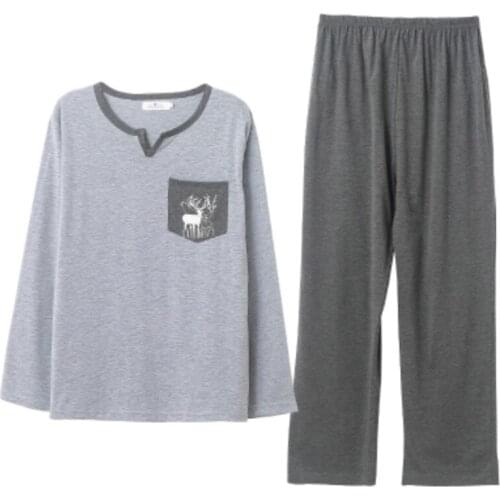 New Promotion Men Pajama Elegant Moisture Wicking Korean Style Sleepshirt Mans Long Sleeve Cotton Round Neck Sleepshirt Pocket