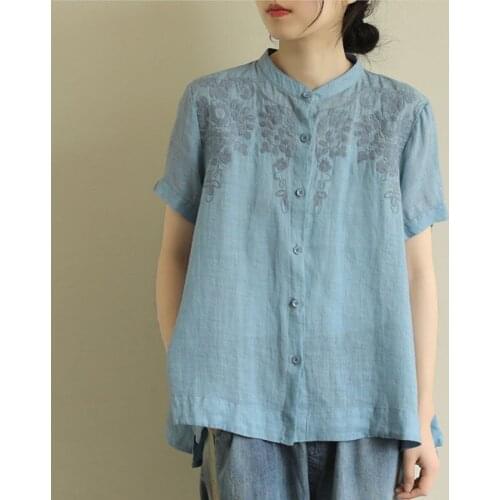 QPFJQD Women Cotton Linen Irregular Vintage Embroidery Blouses Loose Casual Stand Collar Ladies Single Breasted Shirts Tops