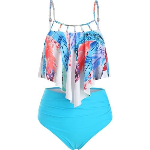 Wipalo Feather Flounce Beading Embellished Tummy Control Tankini Swimwear Spaghetti Straps Two Piece Bathing Suit Plus Size 3XL