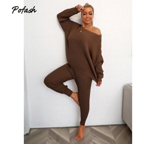 Pofash Off Shoulder Knitted Autumn Winter Two Pieces Outfits Women Sweater Long Sleeves Loose Tops And Pants Casual 2 Pieces Set