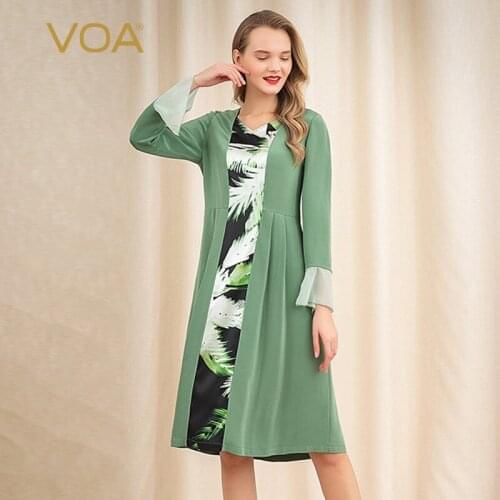 VOA Silk Satin Sleeve Thick Saute Dress and Print Feather Dark Green 40 Mm A-Line Pleated Three-dimensional Summer A10586