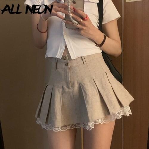 ALLNeon Y2K Streetwear Kawaii High Waist Lace Trim Pleated Skirts Egirl Vintage Patchwork Khaki Skirt Korea Fashion Cute Bottoms