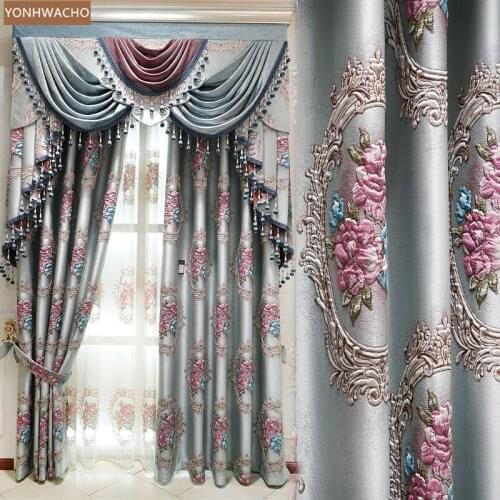 Custom curtains European palace luxury 3d relief living room bedroom blue cloth blackout curtain valance tulle drape C881