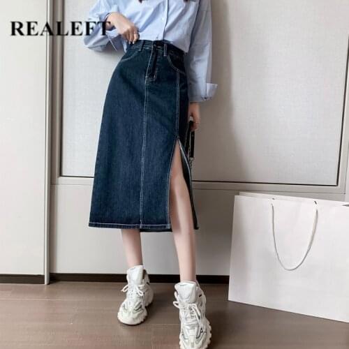 REALEFT 2021 New Spring Womens Denim Skirts Fashion High Waist Patchwork Side Split Midi Length Ladies A-line Skirts Female