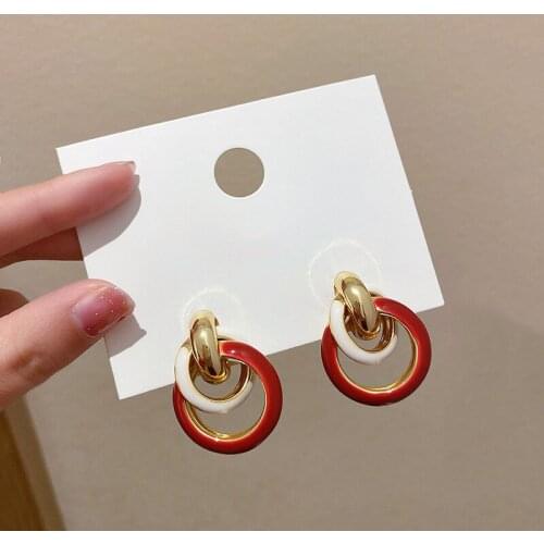 Contrast Color Layered Circle Earrings for Women Mujer Gold Color Metal Double Round Geometric Dangle Earrings Korean Jewelry