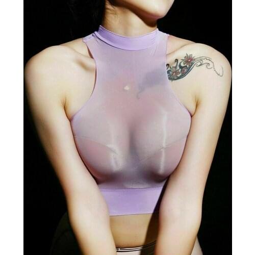 Metelam Women Sexy See-through Sheer Shiny Sleeveless Tank Tops Crop Top Stretch T-Shirt Vest Blouse