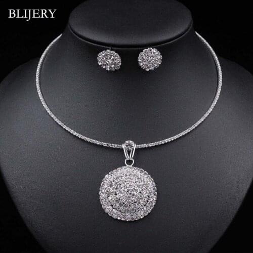 BLIJERY Silver Plated Crystal Bridal Wedding Jewelry Sets Circle Pendant Choker Necklace Earrings Set Women African Jewelry Set