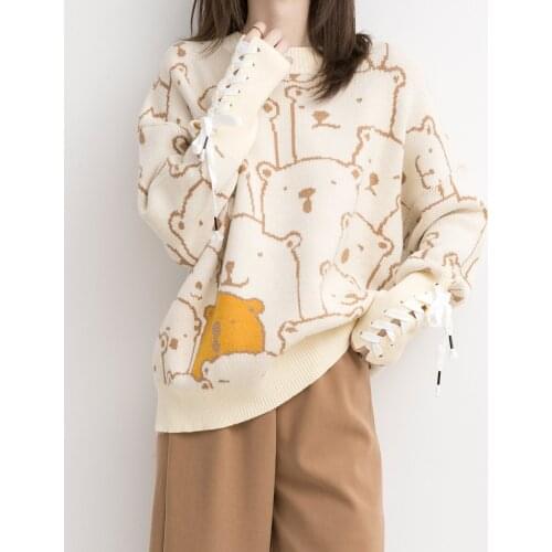 Korean Female Lazy Style Loose Sweater Round Neck Cartoon Bear Jacquard Pullover All-match Sweater 2021 Aautumn And Winter New