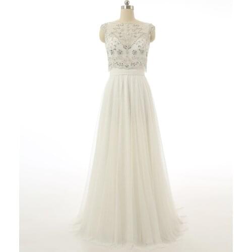 2021 Two Pieces Elegant White Deep O-Neck Illusion Back Cap Sleeve Chiffon Beach Wedding Dress Bridal Gown Vestido De Noiva