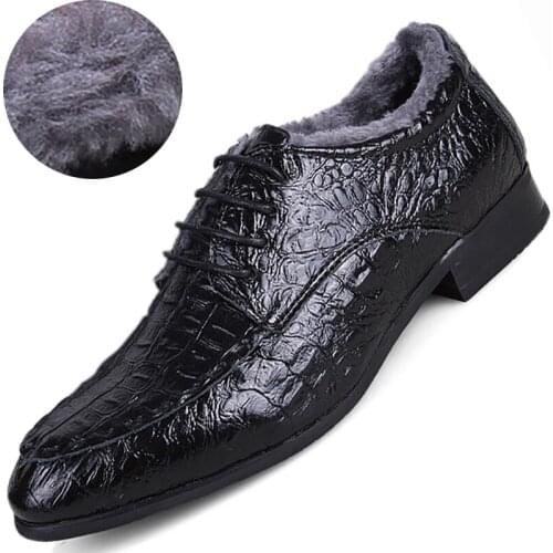 Winter Fleece Casual Mens Dress Shoes Genuine Leather Crocodile Lace-up Italian Stylist Flat Formal Oxfords Wedding Shoe 38-50