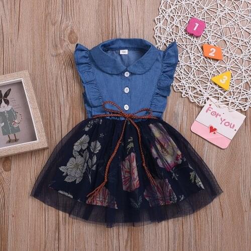 2021 0-4Y Korean Summer Sleeveless Girls Dress Toddler Baby Fashion Ruffles Denim Mesh Yarn Stitching A-line Princess Dress