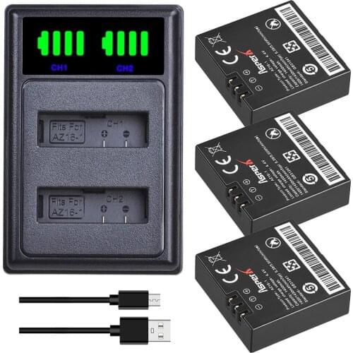 3PCS AZ16-1 1400mAh 3.85V AZ16 Batteries + LED USB Dual Charger for Xiaomi Yi 2 4K Battery Original Xiao Mi Yi Lite Action Camer
