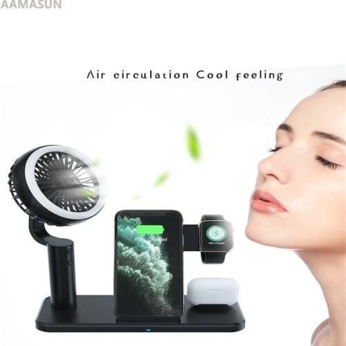 15W 4 in 1 Qi Fast Wireless Charger Stand For iPhone 11 XR X 8 Foldable Charging Dock with Handheld Fan for Airpods Pro iWatch