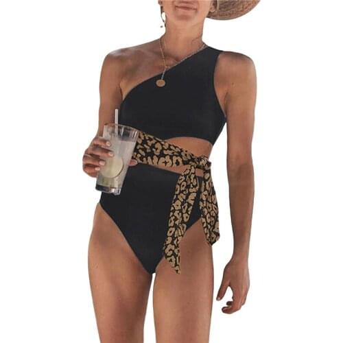 Bikini Women’s Slim Swimwear Bodysuit One Shoulder Sleeveless Solid Color Jumpsuit with Leopard Print Belt Women Monokini