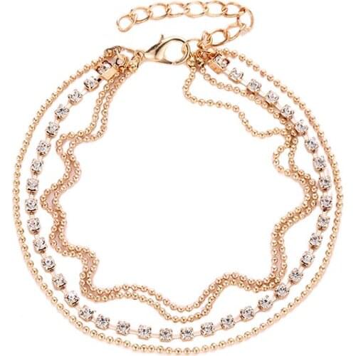 Four-layer Alloy Women Golden Silver Plated Rhinestone Metallic Beads Claw Chains Anklets