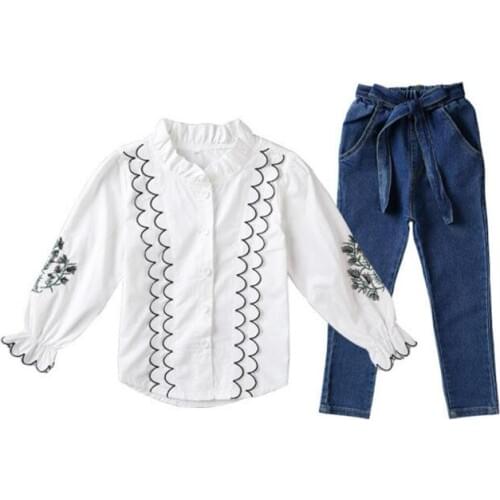 DFXD High Quality Children Clothes 2018 Autumn Teen Girls Clothing Sets White Long Sleeve Embroidery Blouse+Long Jeans 2pc 3-14Y