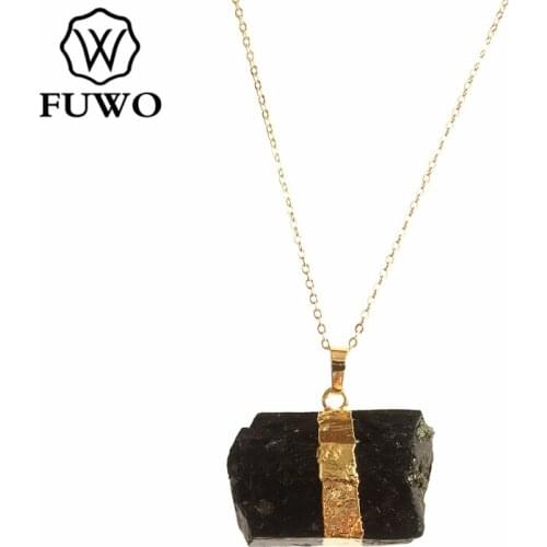 FUWO Natural Black Tourmaline Necklace With Gold Trimmed Rough Schorl Energy Jewelry For Women Gift NC267